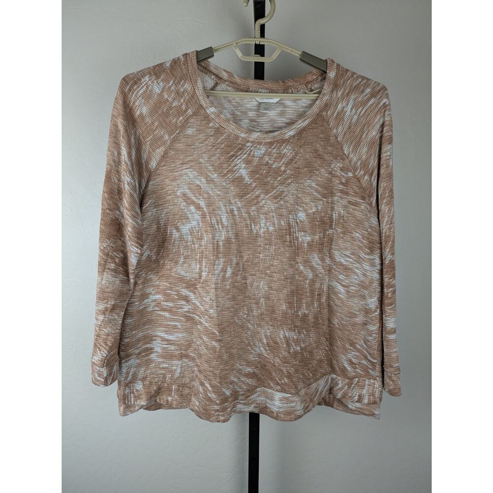 CJ Banks mesh open knit raglan sleeve shirt tan ivory tie dye